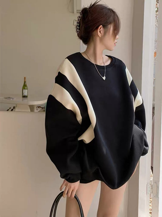 Loose splicing solid color pullover sweatshirt for women hoodless mid-length bf lazy style velvet thickened large size European top T3448