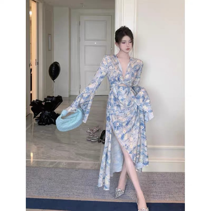 French floral v-neck hollow long-sleeved dress women's summer tea break skirt tie-up slit sexy mid-length skirt