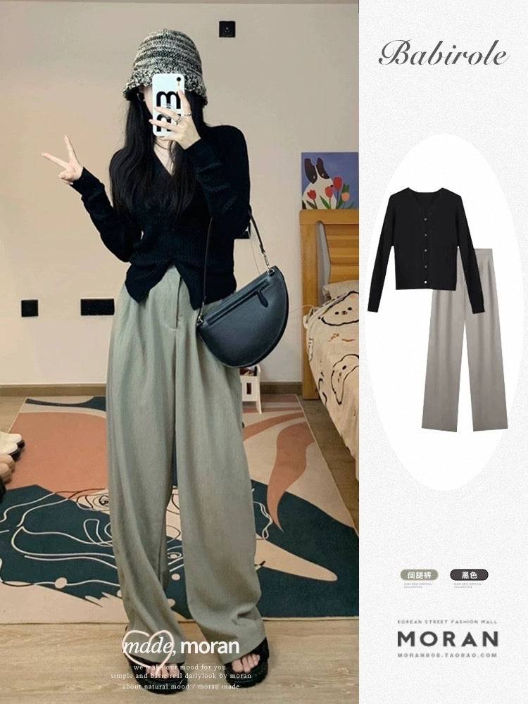 Autumn outfit with a complete set of salt-based net red fried street look thin black knitted cardigan top wide-leg pants two-piece set for women