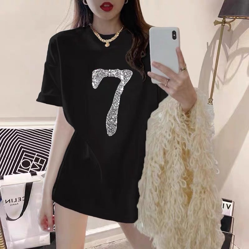 Large version of European goods black t-shirt female heavy industry ironing diamond number 7 loose mid-length bottoming shirt short-sleeved summer ins tide brand