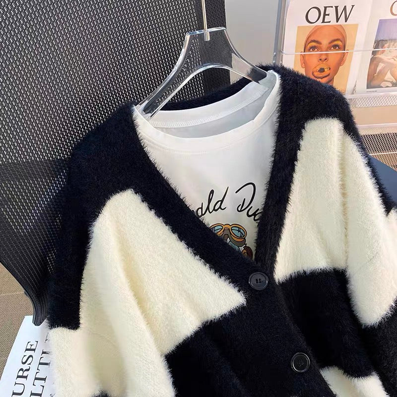 Lazy style plush striped sweater cardigan women's autumn and winter top thickened gentle wind soft waxy sweater jacket