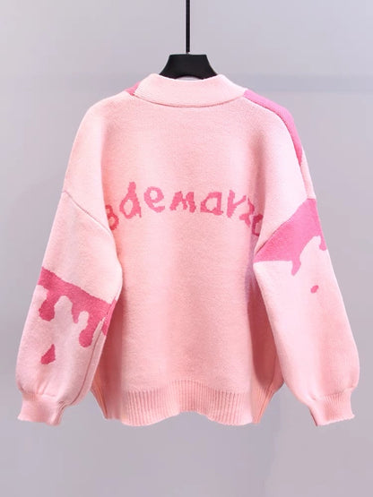 Japanese cartoon sweater cardigan women's jacket autumn and winter 2023 new loose college style age-reducing V-neck knitted top