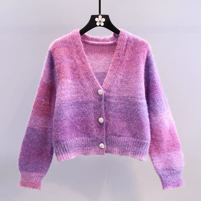 Rainbow Gradient Sweater Jacket Women's 2023 Early Autumn New Loose Outer Style Student Short Knitted Cardigan