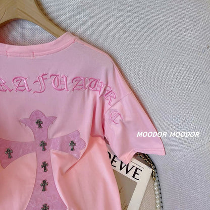 Pink short-sleeved top women's summer new cross embroidery spelling letters round neck loose slimming fragrance trendy