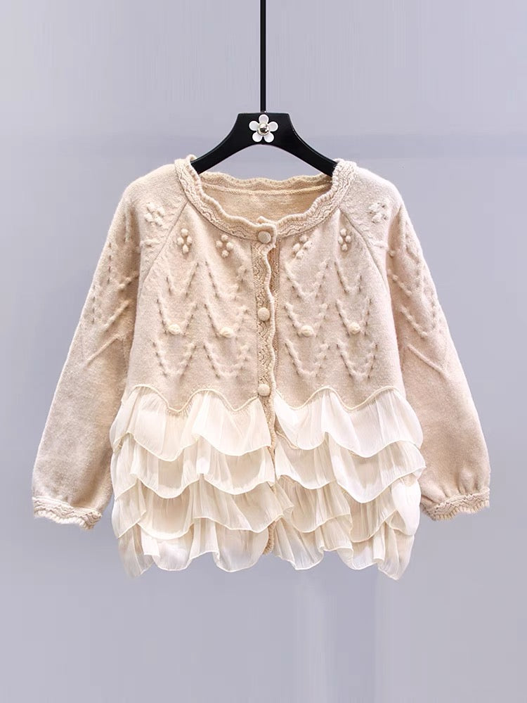 Gentle wind ruffled splicing sweater jacket for women autumn and winter 2023 new design niche loose knitted cardigan