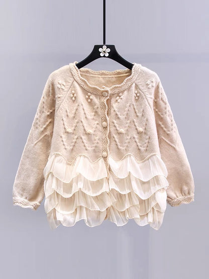 Gentle wind ruffled splicing sweater jacket for women autumn and winter 2023 new design niche loose knitted cardigan