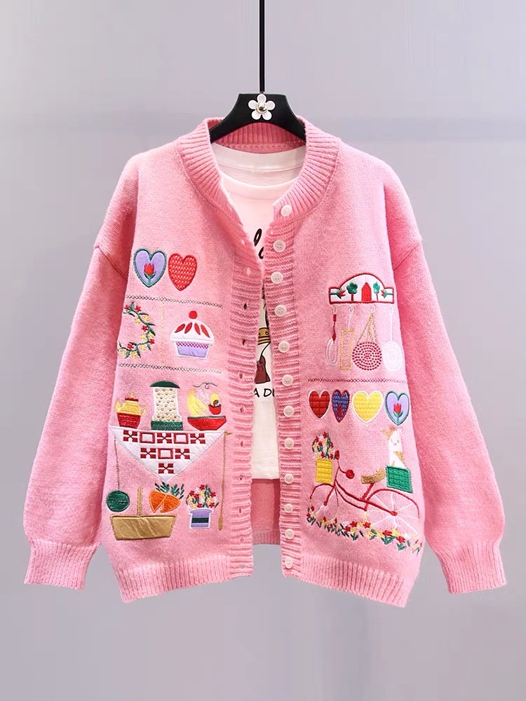 Japanese cartoon retro embroidery sweater jacket female autumn and winter 2023 new loose college style age-reducing knitted cardigan