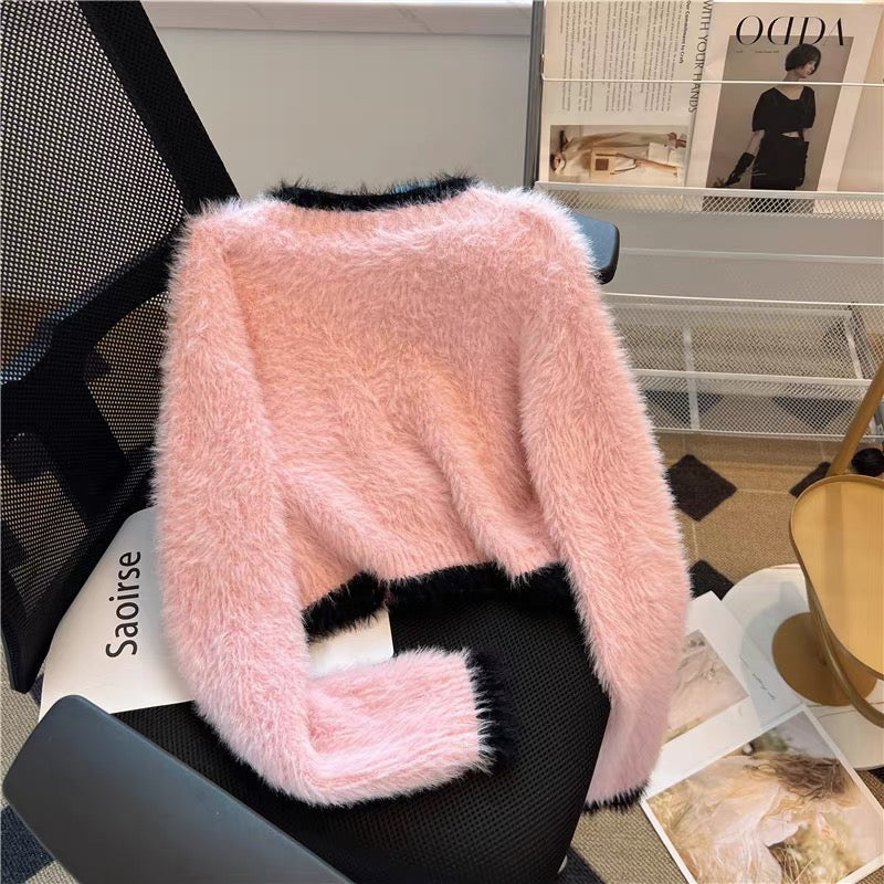 Xiaoxiangfeng soft waxy mohair knitted cardigan women's 2023 autumn sweet age-reducing pink sweater imitation mink velvet jacket