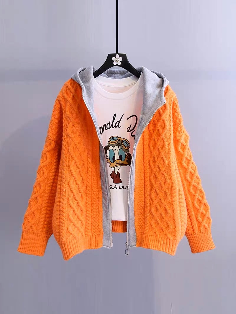 Color matching hooded twist sweater jacket women 2023 autumn new Korean version loose thickened lazy style knitted cardigan