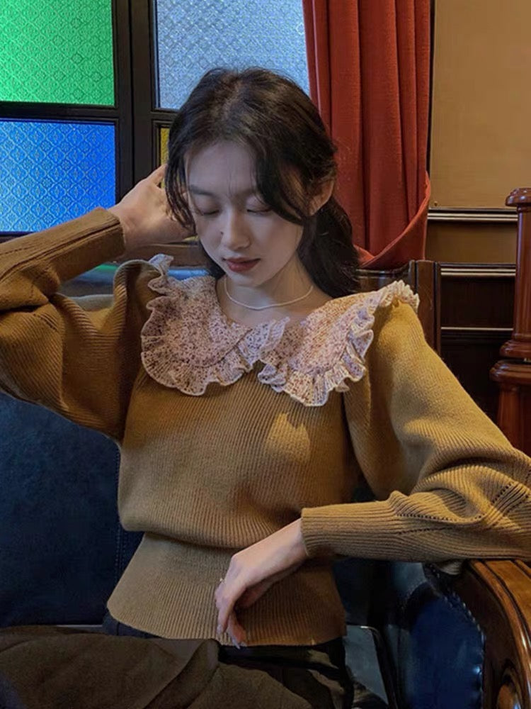 Large size lace splicing doll collar solid color sweater women's autumn and winter 2023 new loose outer wear long-sleeved knitted top