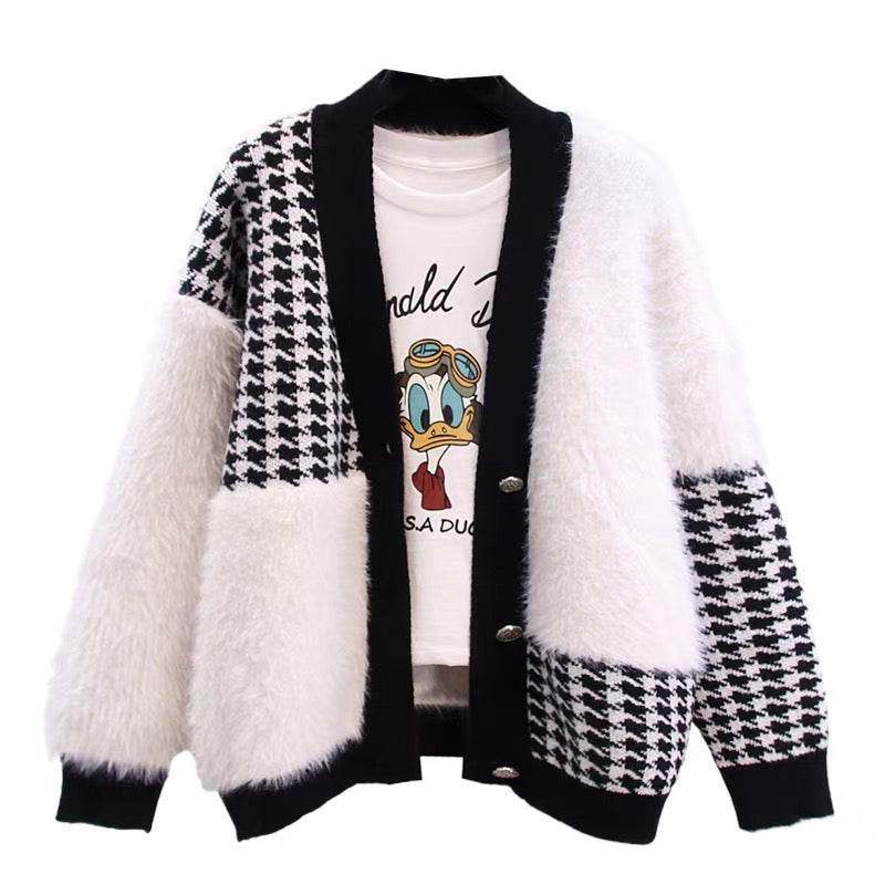 Xiaoxiangfeng mink velvet houndstooth sweater jacket women autumn and winter 2023 new loose and versatile western style knitted cardigan