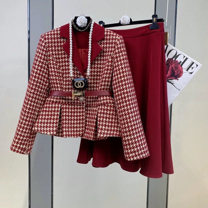 Spot high-end women's red houndstooth small fragrance suit New Year's clothes 2023 ladies skirt two-piece set