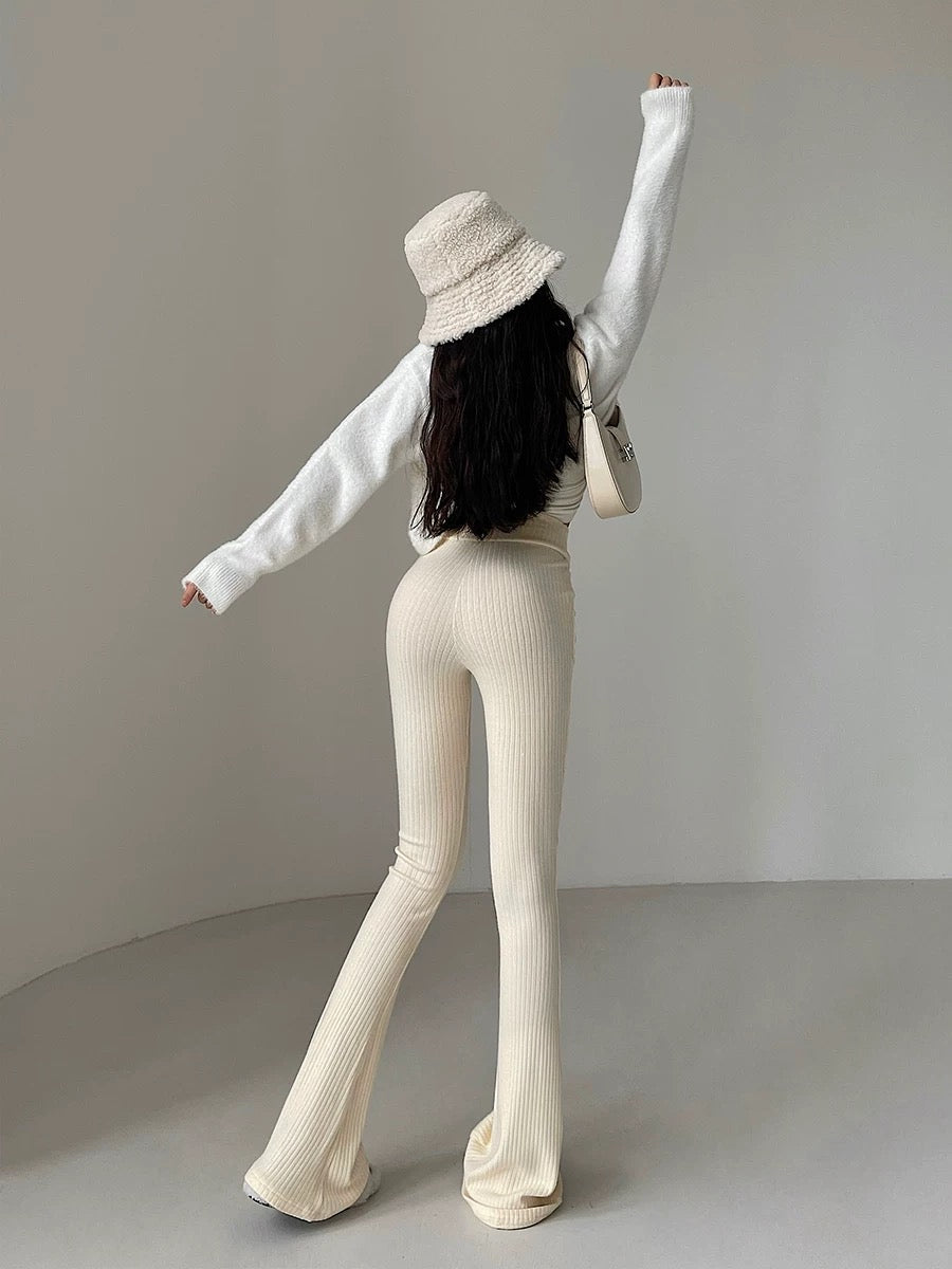 European and American high-waist V-shaped trousers tight-fitting slightly flared legs long knitted casual trousers mopping trousers