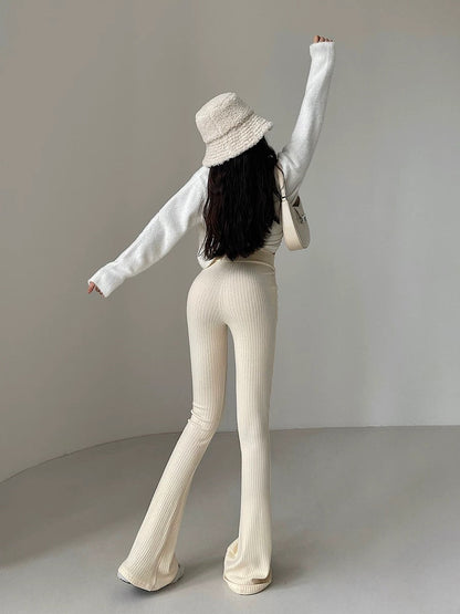 European and American high-waist V-shaped trousers tight-fitting slightly flared legs long knitted casual trousers mopping trousers