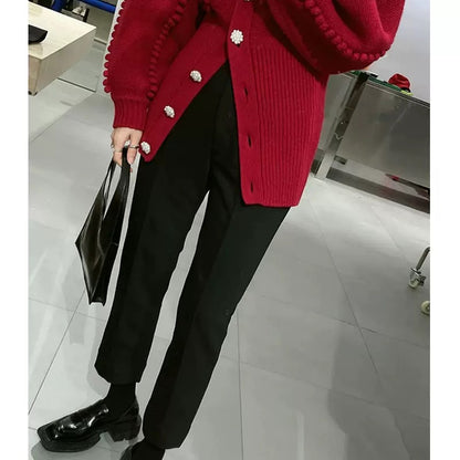 Niche design Christmas red sweater women's autumn and winter heavy industry temperament fashionable pearl spike ball sweater jacket T9492