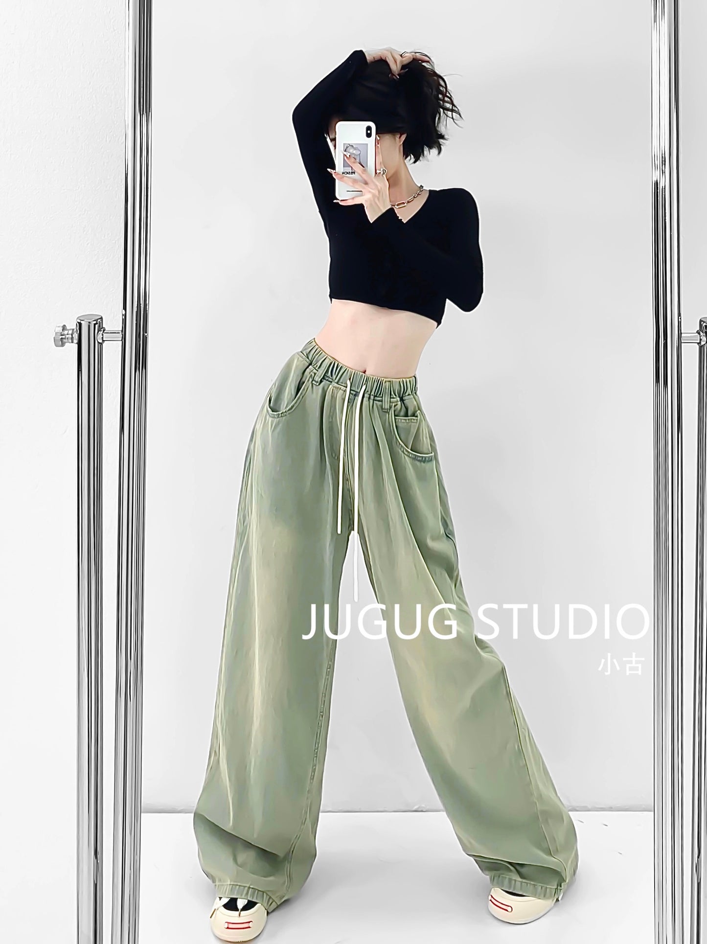 JUGUG new slimming jeans women's green washed overalls straight drawstring high waist loose wide-leg trousers