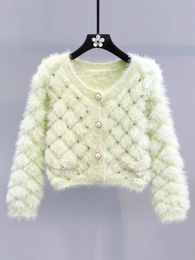 Xiaoxiang style beaded mink velvet sweater jacket for women autumn and winter 2023 new high-end gentle short knitted cardigan (3333)