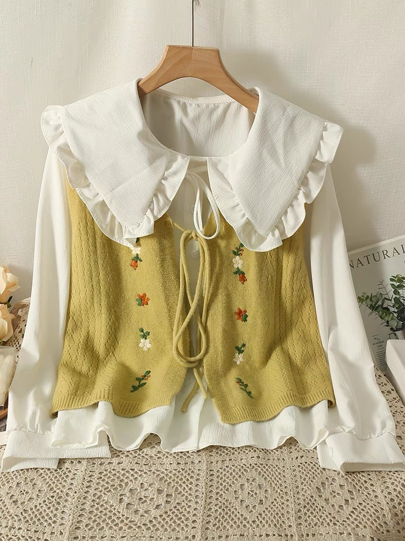 2023 autumn new internet celebrity age-reducing embroidered knitted vest + sweet doll collar long-sleeved shirt two-piece set for women