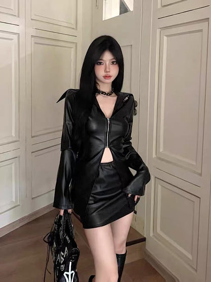 High-end figure sexy American hot girl suit black leather jacket female early autumn fashion short leather skirt small man