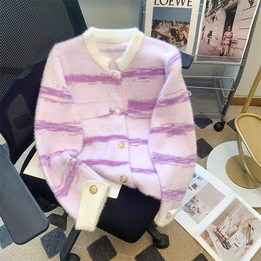 New autumn and winter imitation mink velvet thickened coat cardigan feminine high-end loose sweater design long-sleeved top