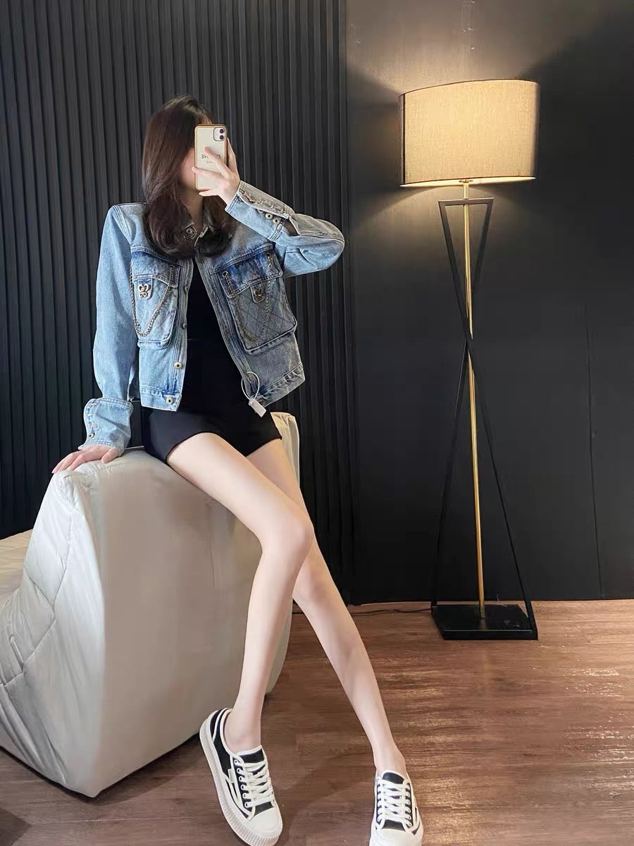 Short denim jacket female spring and autumn 2023 new American style retro loose Korean heavy industry design sense niche top