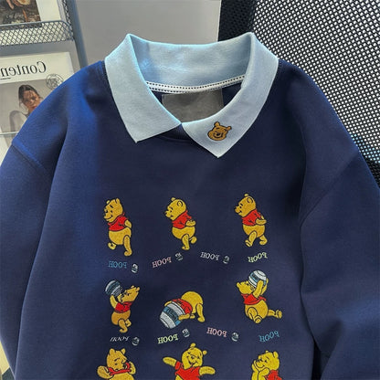 Cute and stylish Winnie the Pooh embroidered fake two-piece sweatshirt for men and women in spring and autumn, unique and chic contrasting color polo collar top