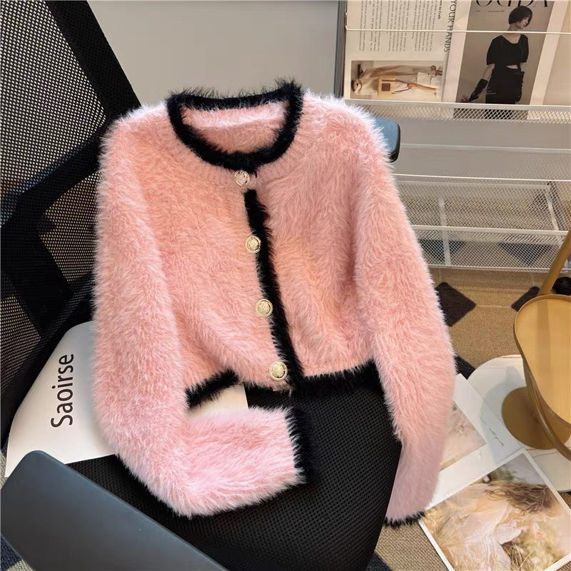 Xiaoxiangfeng soft waxy mohair knitted cardigan women's 2023 autumn sweet age-reducing pink sweater imitation mink velvet jacket