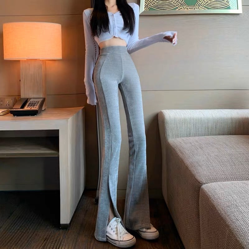 High waist thin slit casual pants women's trendy ins spring and autumn design sense niche drape floor mopping pants flared trousers