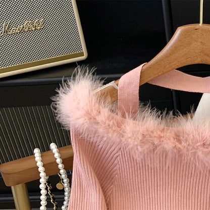 Gentle and pure hot girl's super pretty pink furry one-shoulder slim long-sleeved sweater top for women in autumn and winter