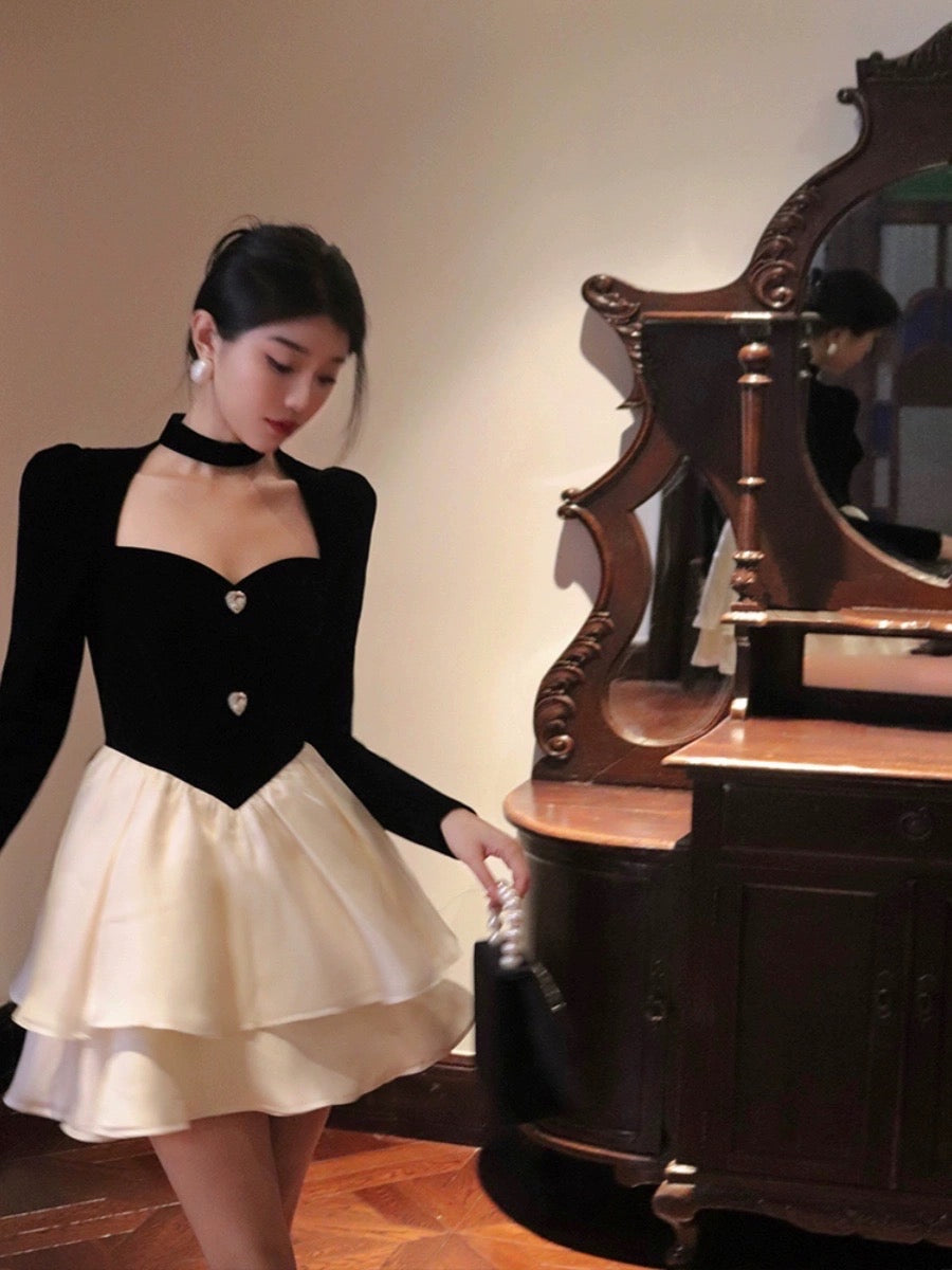 Thirteen and Little French Puff Sleeve Dress Female Autumn Velvet Stitching Cake Skirt Slim Waist Princess Petit Skirt