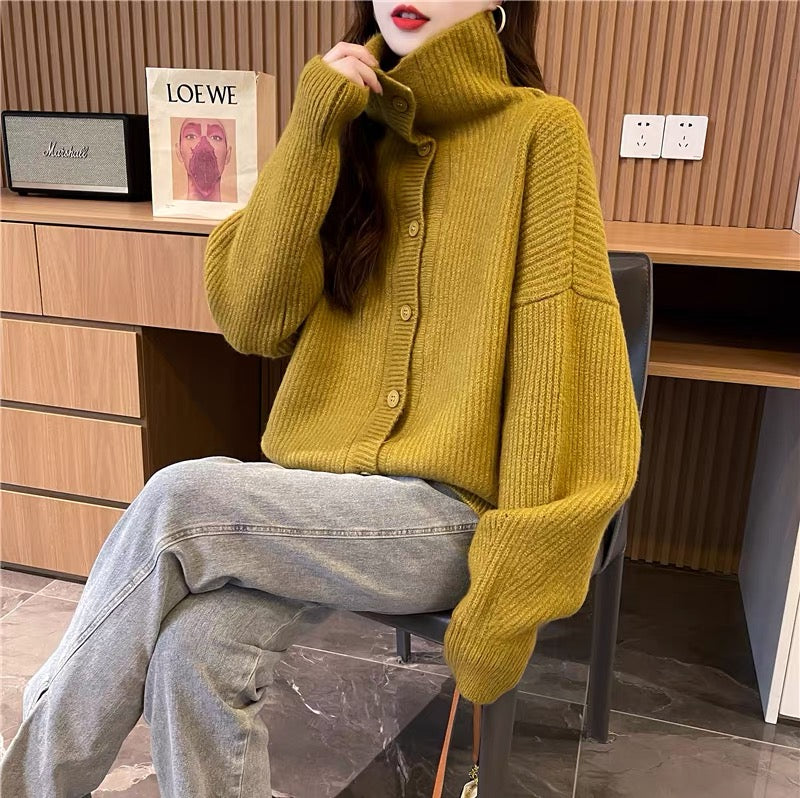 Personalized design turtleneck sweater cardigan for women 2023 new autumn style loose lazy style knitted jacket (S0616)