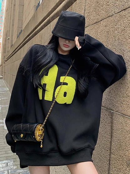 Fashion casual letter loose sweatshirt for women 2023 autumn and winter velvet thickening slightly fat wear mid-length top ins