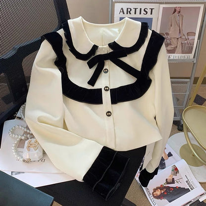 French Retro Doll Collar Contrast Color Short Jacket Women's 2023 Autumn New Fashion Age-Reducing Western Style Long-Sleeved Top V1128