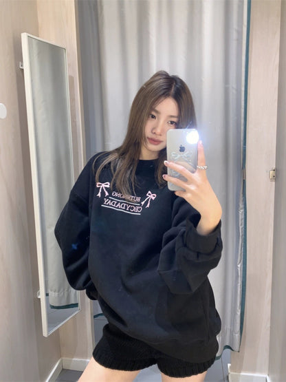 PPHOME Early Korean Girl~Gray letter embroidered plus velvet loose sweatshirt autumn and winter lazy versatile casual top