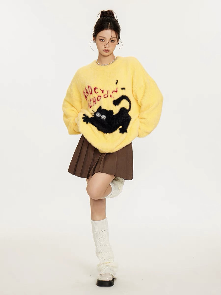 Sanowers American retro flocked cat print sweater women's autumn loose lazy style couple sweater top (S0661)