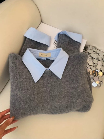 Fake two-piece shirt collar sweater for women autumn new style inner wear lazy style contrast color lapel gray knitted sweater top