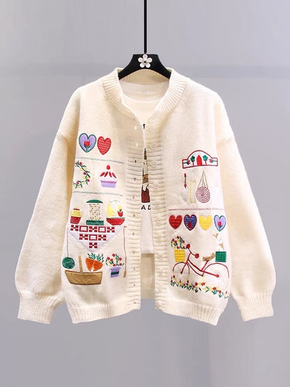 Japanese cartoon retro embroidery sweater jacket female autumn and winter 2023 new loose college style age-reducing knitted cardigan