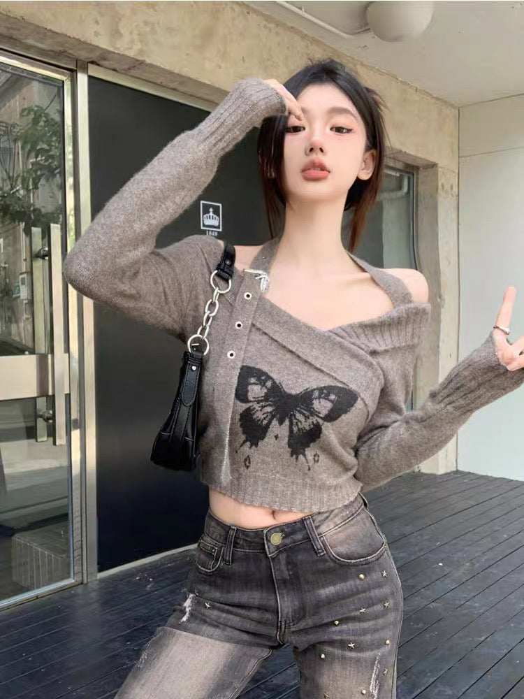 American retro halter neck one-shoulder butterfly jacquard cross v-neck long-sleeved sweater hot girl slim short top