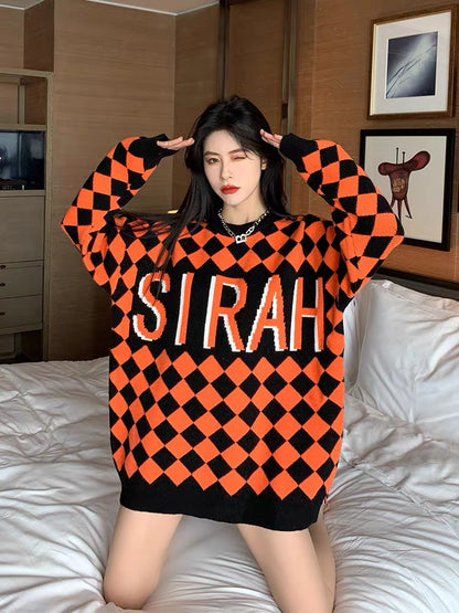 Orange Sweater Women's Retro Plaid 2023 New Style Knitted Sweater Loose Korean Style Autumn and Winter Outerwear Tops T2388