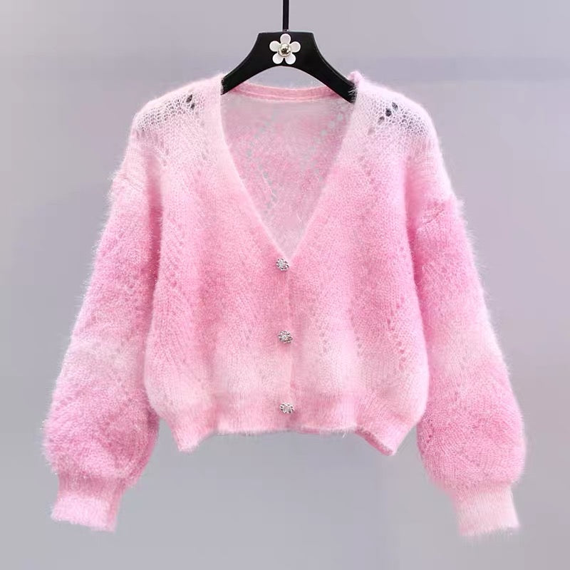 Colorful soft waxy knitted cardigan for women spring 2023 new style loose lazy style short style with hollow sweater jacket