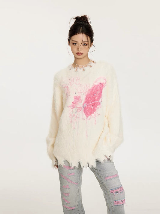 Sanowers American retro hot diamond butterfly jacquard round neck sweater women's autumn loose lazy style knitted sweater top (S0665)