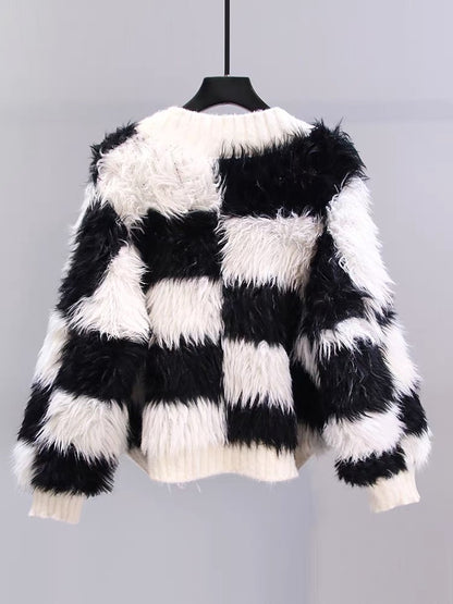 Contrast color checkerboard mink velvet V-neck sweater jacket for women autumn and winter 2023 new loose lazy style knitted cardigan