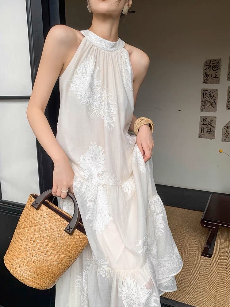 JWUNIQUE White Sleeveless Dig Shoulder Hanging Neck Dress Women's Summer 2023 Temperament New Chinese Style National Style Long Skirt