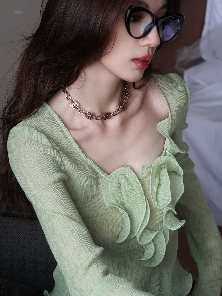 HBE Shuige Mint Girl Wooden Ear Design Sense Waist Slim Short Green Long-sleeved Top Female Spring and Autumn