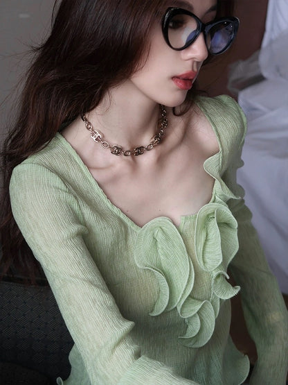 HBE Shuige Mint Girl Wooden Ear Design Sense Waist Slim Short Green Long-sleeved Top Female Spring and Autumn