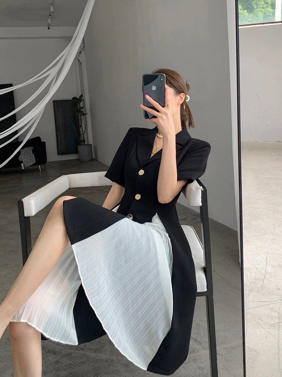 FT GUOGE black suit dress female 2023 summer new design sense niche temperament Hepburn style long skirt