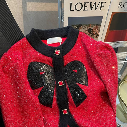 Colorblock bow long-sleeved cardigan knitted women's autumn new Korean style temperament small fragrance short sequined sweater jacket