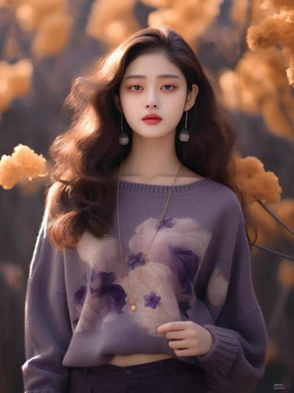 2023 new autumn clothing Japanese lazy retro sweaters, this year's popular beautiful pullover tops purple sweaters for women (B1512)