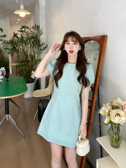 Berry likes you and likes large custom-made blue square collar puff sleeve dress women's summer high waist short a-line skirt