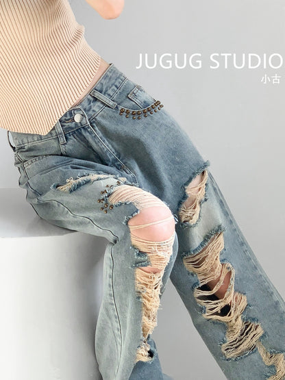 JUGUG2023 summer ripped jeans women's light-colored washed design sense rivets loose wide-leg mopping trousers